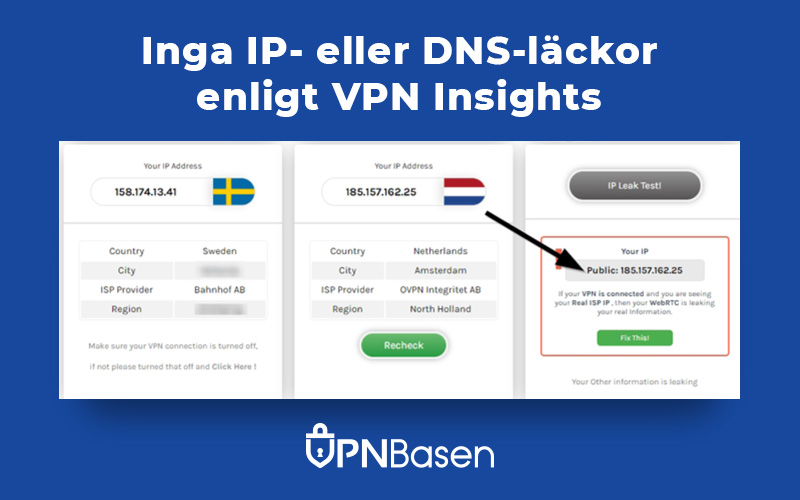 Inga IP eller DNS lackor enligt VPN insights