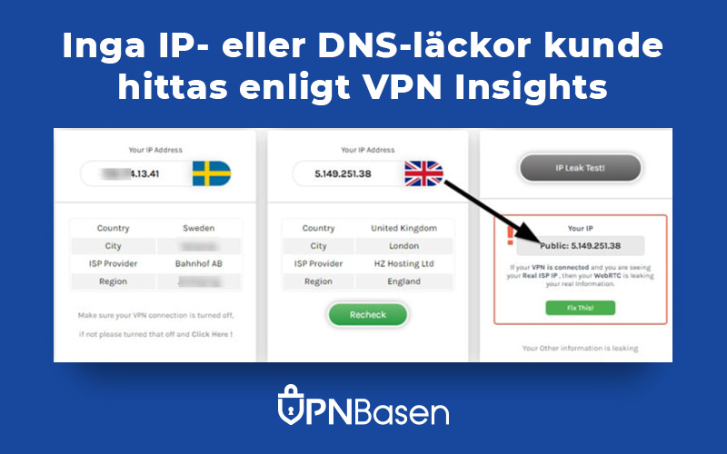 Inga IP eller DNS lackor kunde hittas enligt VPN Insiights